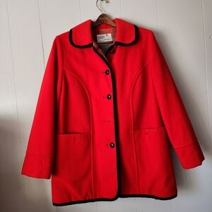 Vintage 60s Red Wool Coat Cottagecore Plaid Lined Jacket Piped Trim Classic L